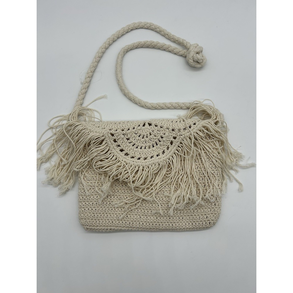 ana Crochet Flap Crossbody Bag Off White Festival Cottage Boho Fringe